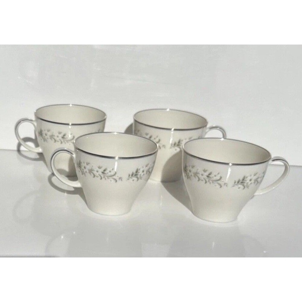 4 Noritake Ivory China Tea Coffee Cups Japan Heather 7568 Floral Platinum Trim